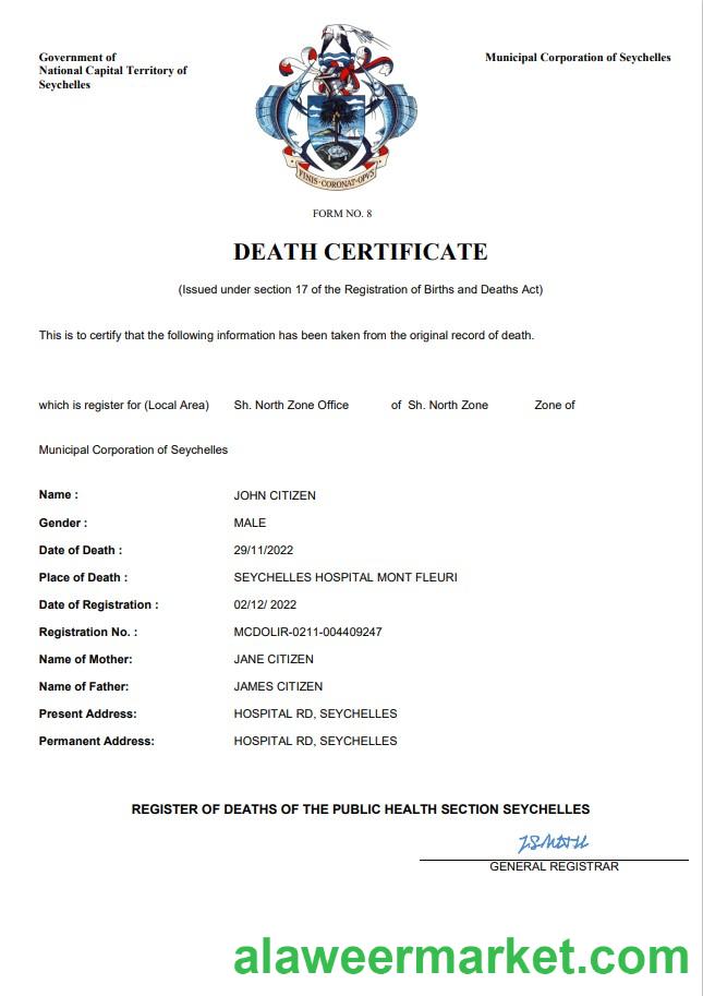 Seychelles vital record death certificate Word and PDF template